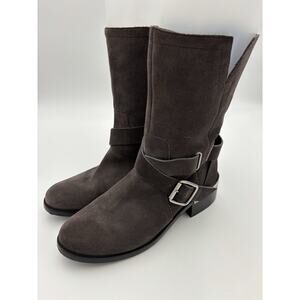 Vince Camuto Wethima Moto Boots Grey Suede Size 9.5 / 41 Buckle Block Heel